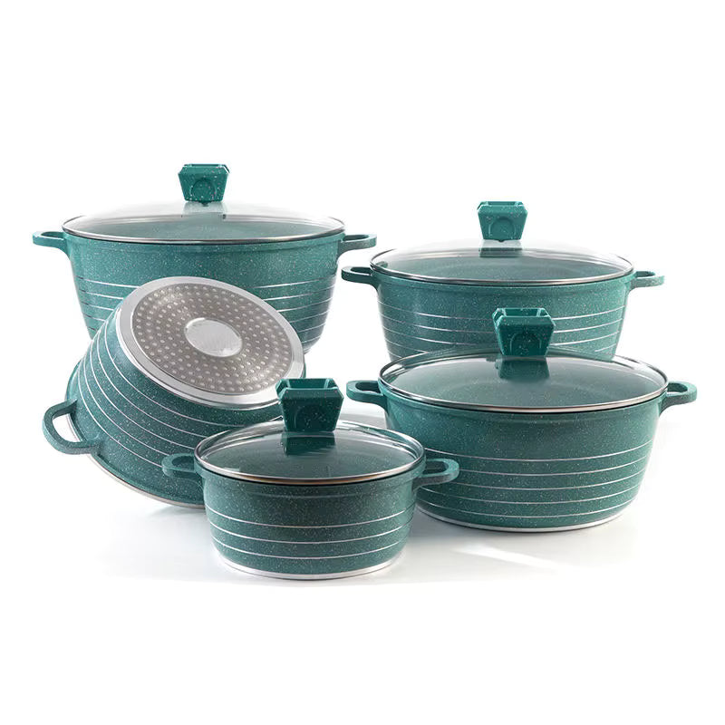 Ensemble de 10 Ustensiles de Cuisine en Aluminium Moulé Sous Pression – Antiadhésif Marbre Linéaire