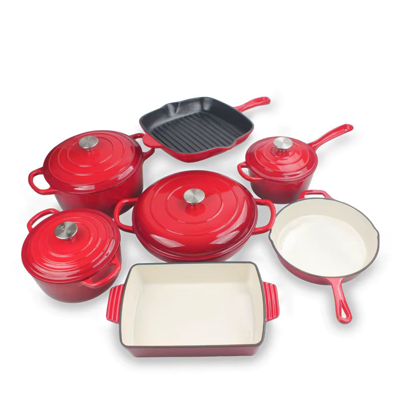 Lot de 11 Poêles en Fonte Émaillée Antiadhésive – Avec Couvercle