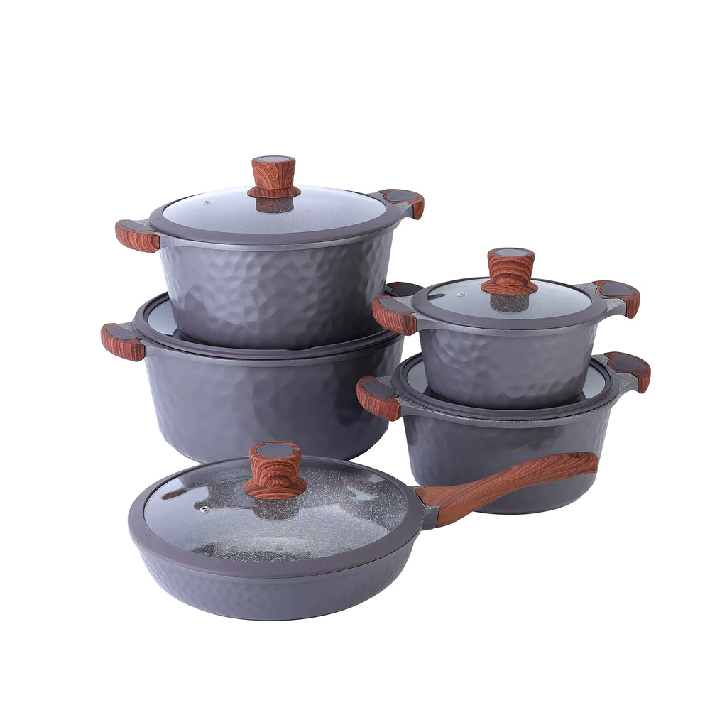 Batterie de Cuisine 10 Pièces en Aluminium Moulé Sous Pression – Revêtement Antiadhésif en Pierre Médicale Céramique