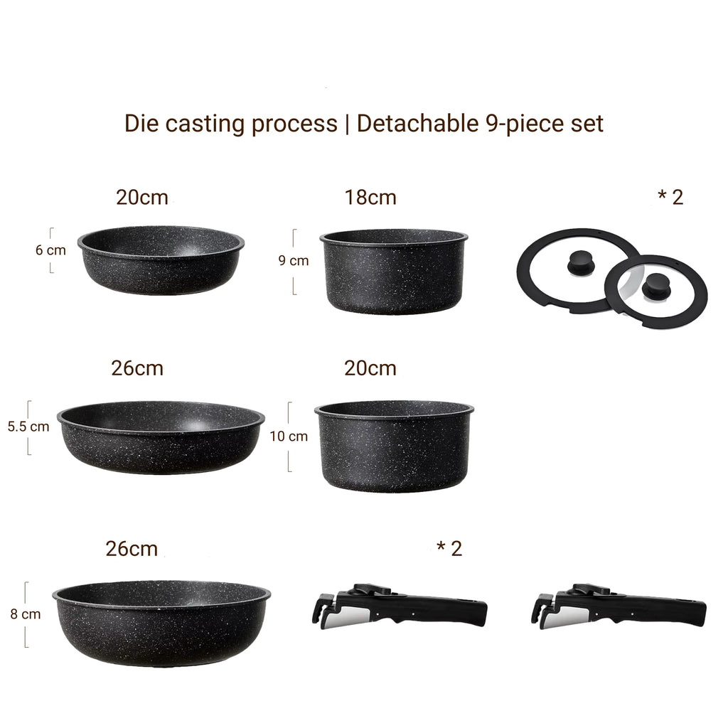 Ensemble de Cuisine 9 Pièces en Granit Antiadhésif – Aluminium Moulé Sous Pression, Détachable avec Couvercles