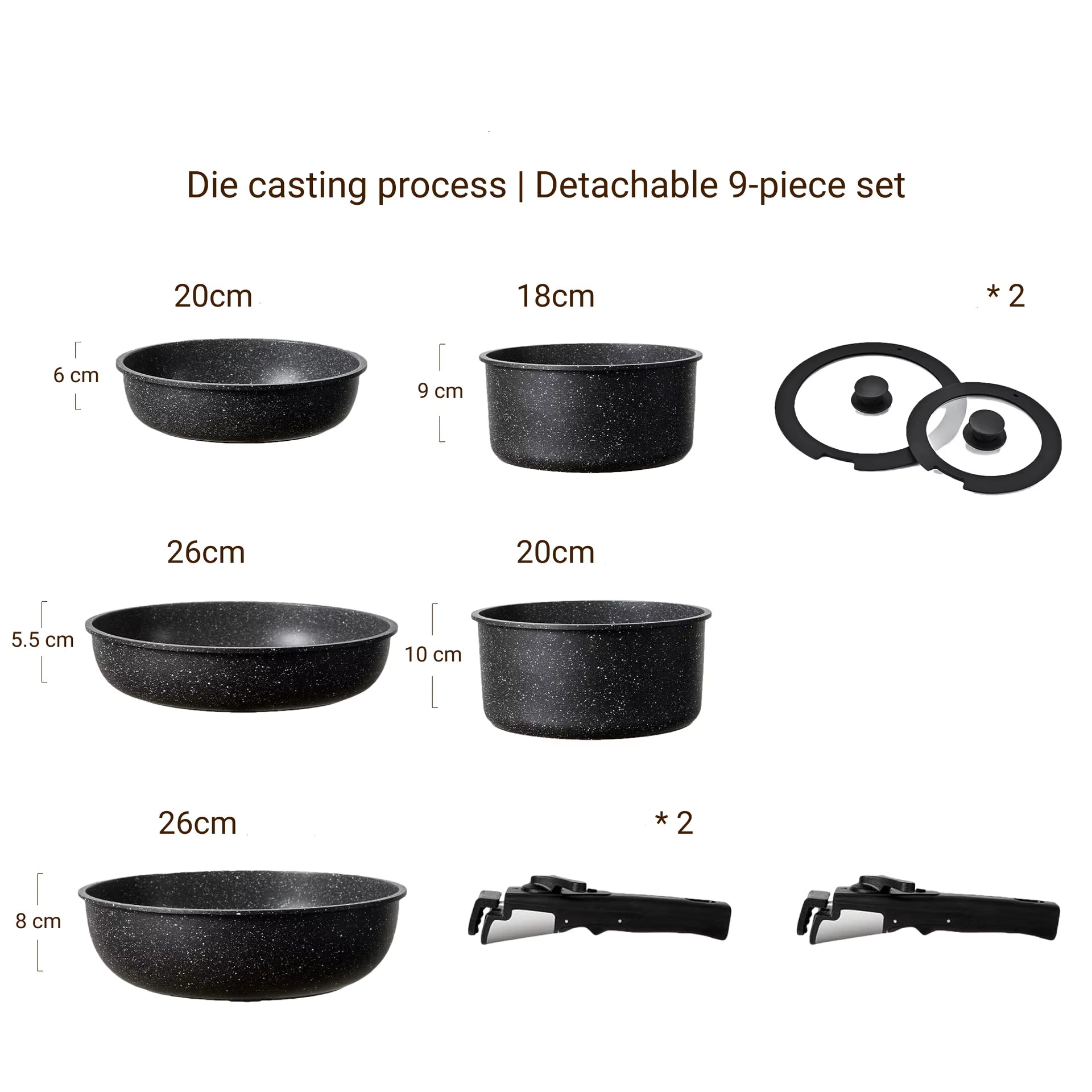 Ensemble de Cuisine 9 Pièces en Granit Antiadhésif – Aluminium Moulé Sous Pression, Détachable avec Couvercles